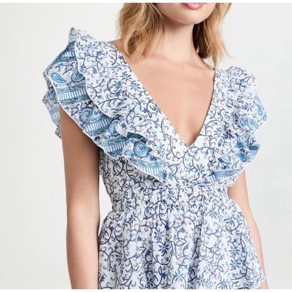 Playa Lucia Blue & White Ruffled Cotton Dress – Statement Piece! - Picture 2 of 5
